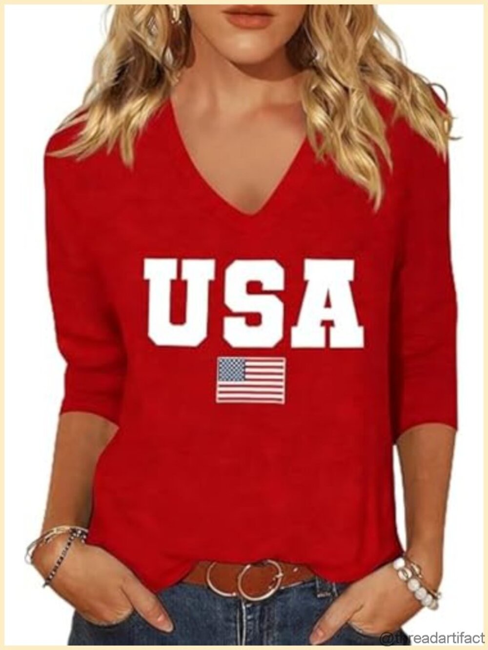 Women's 3/4 Sleeve V Neck Patriotic Graphic Tee Casual Summer Top